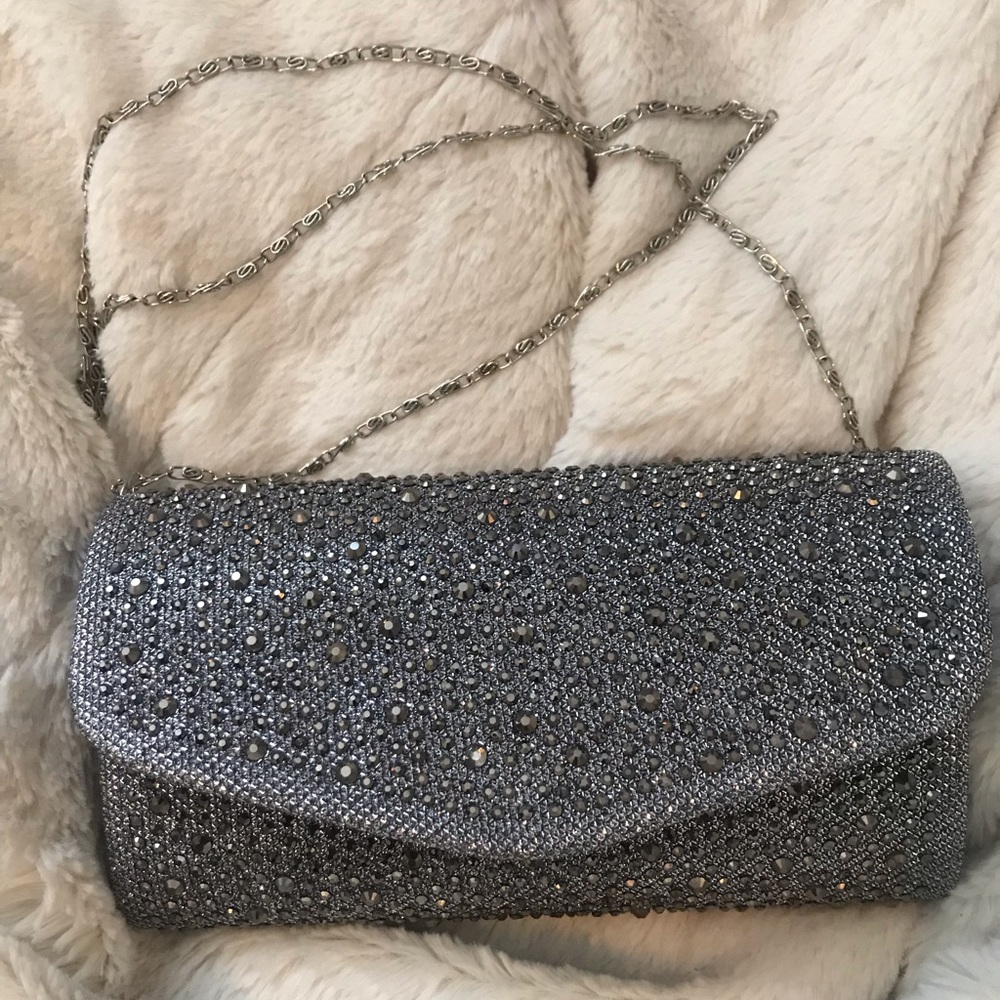 Studded Metallic Gray Clutch with Silver Chain